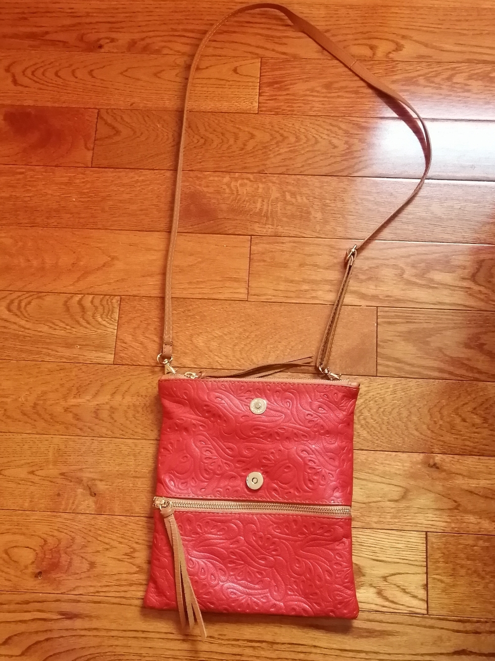 Vera Pelle Red Crossbody with Tan Strap and Gold Accents